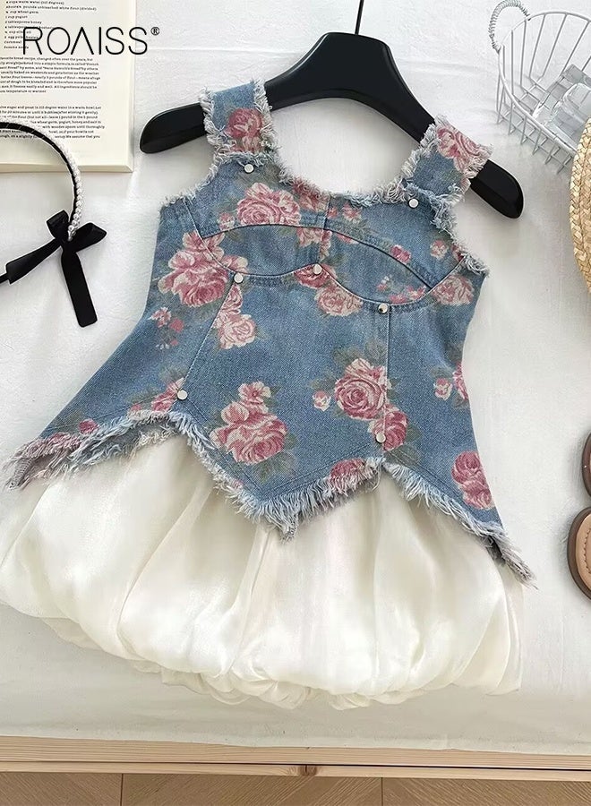 roaiss 2 Piece Comortable Clothing Set for Girls, Toddler Girls Camisole and Shorts Set, Stylish Summer Outfit with Sleeveless Floral Denim Top and Solid Short Pants - Image 2